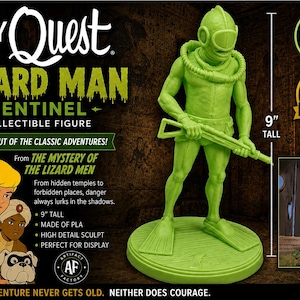May include: A lime green collectible figure of the Lizard Man Sentinel from Jonny Quest, standing on a circular base. The figure wears a vintage diving helmet and gear, holding a rifle. A vertical line indicates a height of 9 inches.