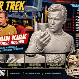 May include: A grey stone-colored desk organizer sculpted as Captain James T. Kirk from Star Trek, holding a communicator. The bust features a Starfleet uniform emblem and a cylindrical compartment for pens, pencils, and scissors, measuring 6 by 6 by 5 inches.
