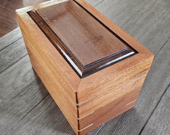 Handcrafted, Solid Wood Keepsake Memory Box, Imbuia Brazilian Walnut straight grain Raised Panel Lid, solid brass hinges, mirror finish.