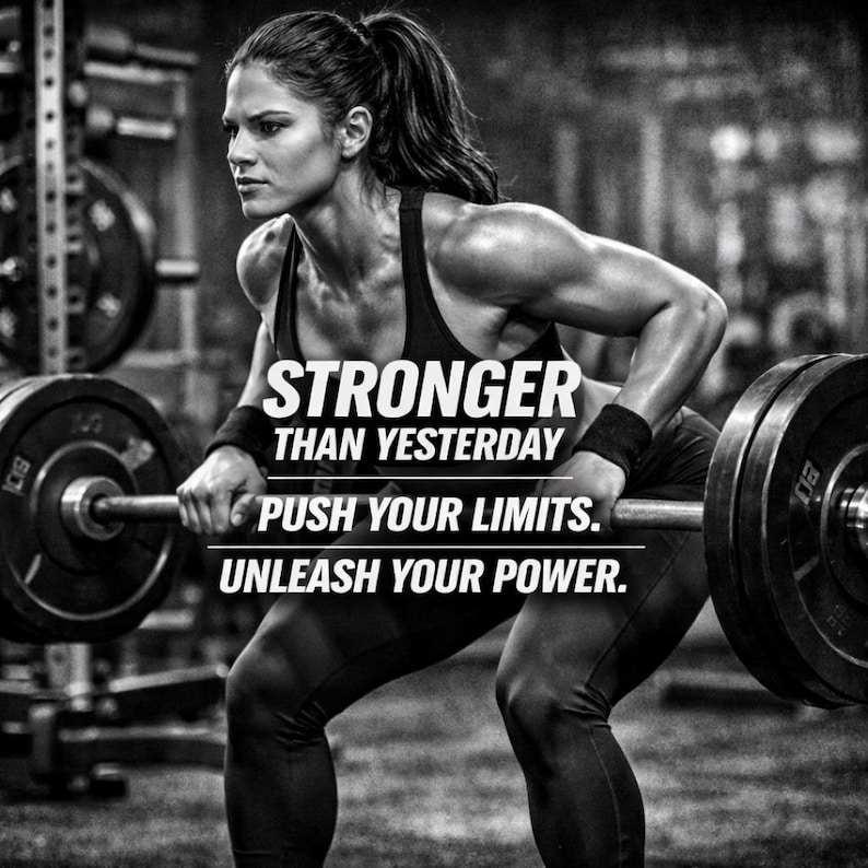 May include: Monochrome image of a woman lifting a barbell in a gym setting. The image includes the text: "STRONGER THAN YESTERDAY, PUSH YOUR LIMITS, UNLEASH YOUR POWER."