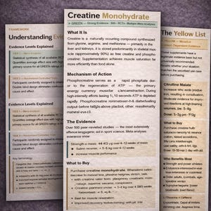 May include: A detailed infographic about supplements, featuring information on creatine monohydrate, including its benefits, mechanism of action, and evidence-based research. The text is in black and green on a white background.