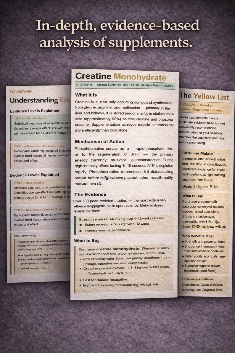 May include: A detailed infographic about supplements, featuring information on creatine monohydrate, including its benefits, mechanism of action, and evidence-based research. The text is in black and green on a white background.