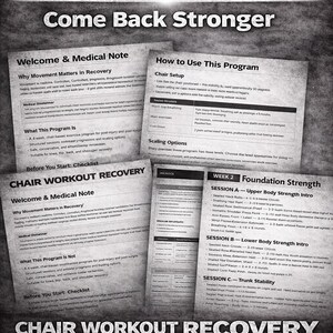 May include: A grayscale image advertising a chair workout recovery programme. The design features text, including "Chair Workout Recovery" and "Come Back Stronger." Several pages with exercise instructions are visible, along with the Gainshift logo.
