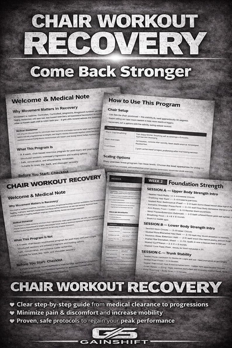 May include: A grayscale image advertising a chair workout recovery programme. The design features text, including "Chair Workout Recovery" and "Come Back Stronger." Several pages with exercise instructions are visible, along with the Gainshift logo.