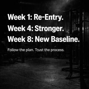 May include: Monochrome image featuring motivational text: "Week 1: Re-Entry. Week 4: Stronger. Week 8: New Baseline. Follow the plan. Trust the process." A "GS" logo is at the bottom. The setting is a gym, with exercise equipment visible.