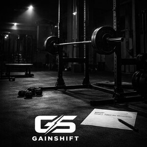 May include: A monochrome image of a gym with weightlifting equipment. A barbell with weight plates is on a squat rack. The Gainshift logo is visible, along with a sheet of paper and a pen. The paper has text that reads "Week 1: Learn the Movements."