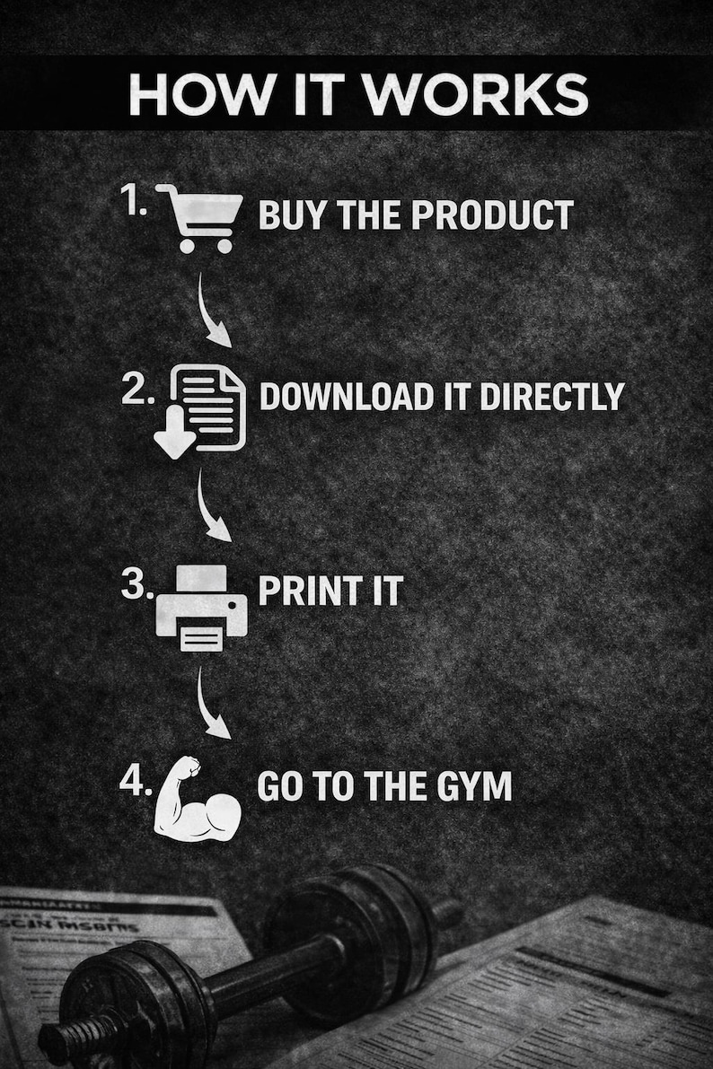 May include: Black and white graphic illustrating the steps: buy the product, download it directly, print it, and go to the gym. The image includes a shopping cart, a document, a printer, and a flexing arm. A dumbbell and printed material are in the foreground.