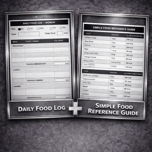 Puede incluir: Imagen en escala de grises que presenta un Daily Food Log y una Simple Food Reference Guide. El registro de alimentos incluye secciones para comidas, alimentos/bebidas y calor&iacute;as. La gu&iacute;a de referencia enumera alimentos, porciones y conteo de calor&iacute;as.