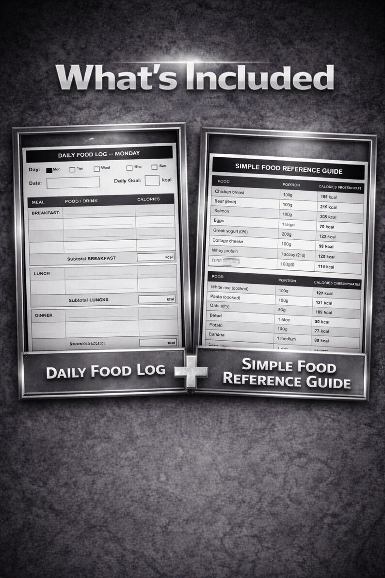 Puede incluir: Imagen en escala de grises que presenta un Daily Food Log y una Simple Food Reference Guide. El registro de alimentos incluye secciones para comidas, alimentos/bebidas y calor&iacute;as. La gu&iacute;a de referencia enumera alimentos, porciones y conteo de calor&iacute;as.