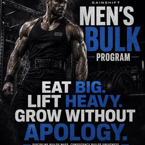 Puede incluir: Imagen promocional de un programa de fitness. La imagen presenta a una persona musculosa con una camiseta sin mangas negra y un cintur&oacute;n de halterofilia. El texto en negrita en blanco y azul dice "MEN'S BULK PROGRAM" y "EAT BIG. LIFT HEAVY. GROW WITHOUT APOLOGY."