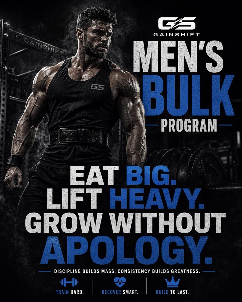 Puede incluir: Imagen promocional de un programa de fitness. La imagen presenta a una persona musculosa con una camiseta sin mangas negra y un cintur&oacute;n de halterofilia. El texto en negrita en blanco y azul dice "MEN'S BULK PROGRAM" y "EAT BIG. LIFT HEAVY. GROW WITHOUT APOLOGY."
