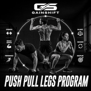 Puede incluir: Imagen promocional en blanco y negro para un programa de fitness. La imagen muestra a tres personas realizando ejercicios, incluyendo flexiones con mancuernas, dominadas y sentadillas. El texto "PUSH PULL LEGS PROGRAM" se muestra en la parte inferior.