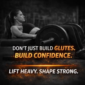 Op de afbeelding: Een vrouw in sportkleding tilt een halter op een bank. De afbeelding is in zwart-wit met de tekst: "DON'T JUST BUILD GLUTES. BUILD CONFIDENCE. LIFT HEAVY. SHAPE STRONG."