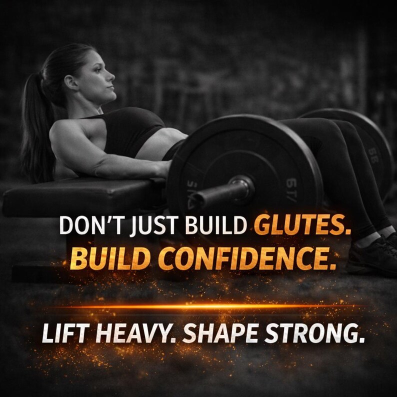 Op de afbeelding: Een vrouw in sportkleding tilt een halter op een bank. De afbeelding is in zwart-wit met de tekst: "DON'T JUST BUILD GLUTES. BUILD CONFIDENCE. LIFT HEAVY. SHAPE STRONG."