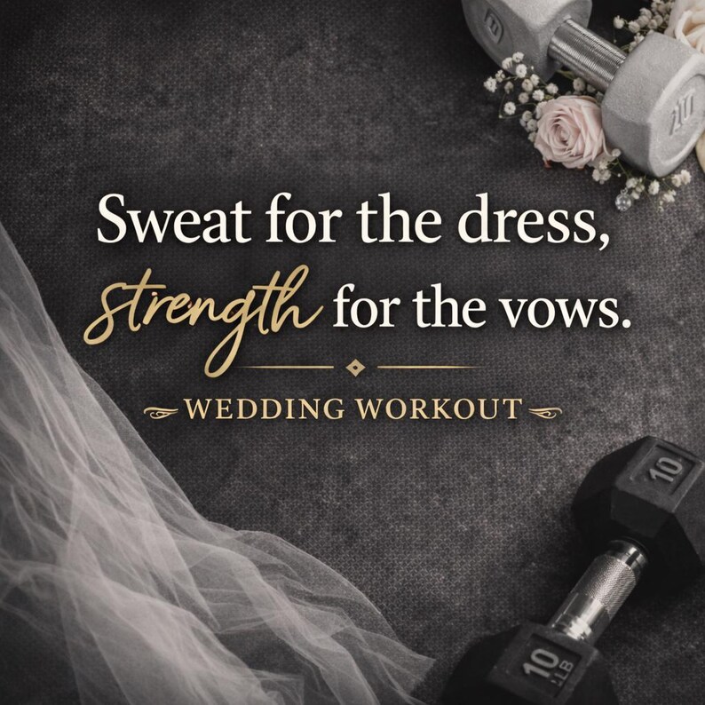 May include: Image with text that reads "Sweat for the dress, Strength for the vows. WEDDING WORKOUT." Two dumbbells, one 10 lb and one 20 lb, are visible. A veil and flowers are also in the image.