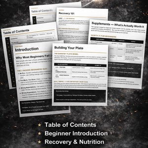 Puede incluir: Un conjunto de documentos informativos con el t&iacute;tulo "WHAT'S INCLUDED:" sobre un fondo oscuro. Los documentos cubren temas como la tabla de contenidos, la introducci&oacute;n para principiantes, la recuperaci&oacute;n, la nutrici&oacute;n, un ejemplo de plan de comidas y el desglose de suplementos.