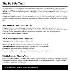 以下が含まれることがあります： 「The Pull-Up Truth」と題された白黒のドキュメント。懸垂の利点、なぜ難しいのか、改善するためのプログラムについて説明しています。テキストには箇条書きと、最後に引用句が含まれています。