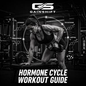 Puede incluir: Imagen en blanco y negro de una mujer haciendo ejercicio con una mancuerna. La imagen incluye el texto "GAINSHIFT" y "HORMONE CYCLE WORKOUT GUIDE". La mancuerna está etiquetada como "12 kg". También se muestran estructuras químicas de hormonas.