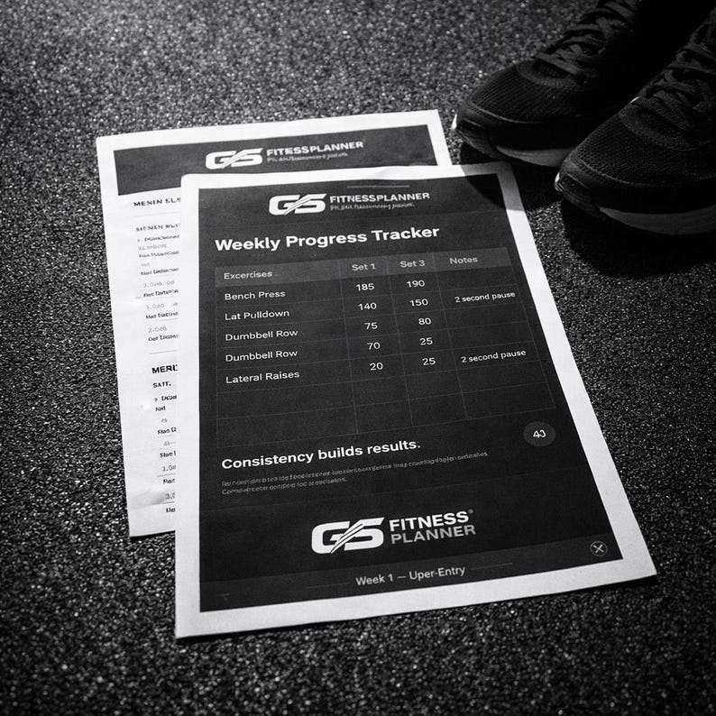 May include: A monochrome image featuring a fitness planner with the text "Weekly Progress Tracker" and exercise details. The planner is on a textured surface with black athletic shoes in the background. The planner includes the text "Consistency builds results."