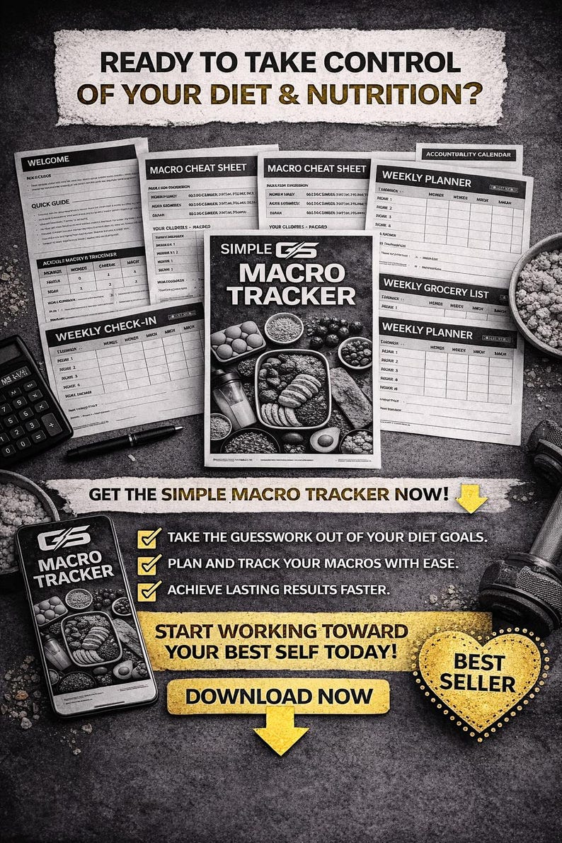 May include: Image featuring a macro tracker with various planning sheets, a smartphone, and a calculator. The text reads "Ready to Take Control of Your Diet & Nutrition?" and "Get the Simple Macro Tracker Now!" with a "Best Seller" badge.