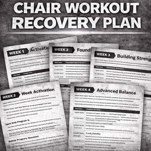 May include: A grayscale image showing a "Chair Workout Recovery Plan" with the "Gainshift" logo. The plan offers 4 weeks of chair exercises and a complete PDF download for post-injury rehab.