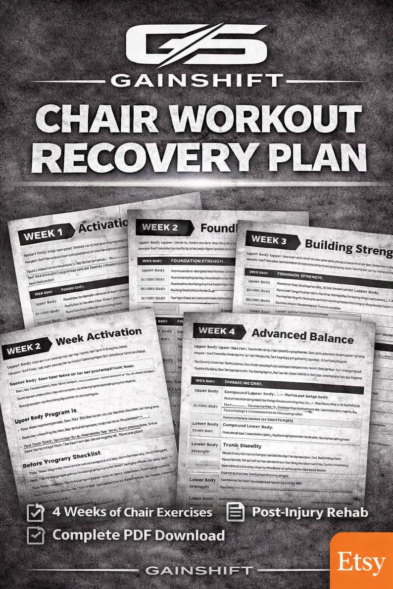 May include: A grayscale image showing a "Chair Workout Recovery Plan" with the "Gainshift" logo. The plan offers 4 weeks of chair exercises and a complete PDF download for post-injury rehab.