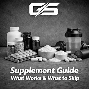 May include: Black and white image featuring various fitness supplements. Includes pill bottles, capsules, powder in small bowls, a shaker bottle, and dumbbells. The text "Supplement Guide What Works & What to Skip" is displayed at the bottom.