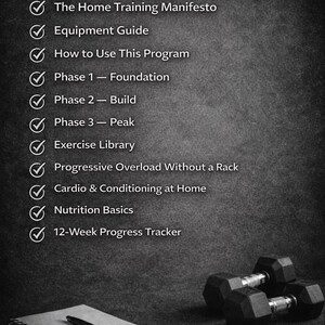 K&ouml;nnte beinhalten: Schwarz-Wei&szlig;-Bild mit dem Text "What's Included" und einer Liste von Elementen. Enth&auml;lt Hanteln, ein Notizbuch mit Stift und ein Ma&szlig;band. Die Liste umfasst Elemente wie "Home Training Manifesto" und "12-Week Progress Tracker".