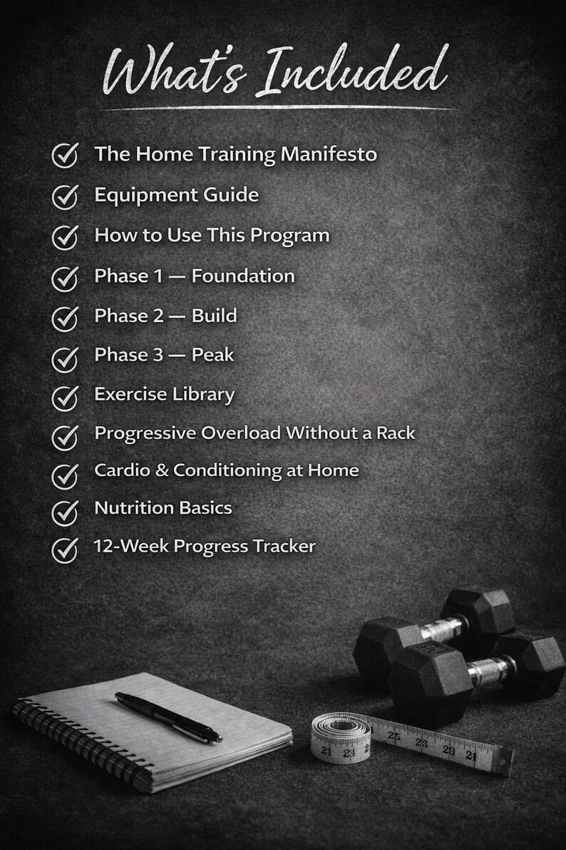 K&ouml;nnte beinhalten: Schwarz-Wei&szlig;-Bild mit dem Text "What's Included" und einer Liste von Elementen. Enth&auml;lt Hanteln, ein Notizbuch mit Stift und ein Ma&szlig;band. Die Liste umfasst Elemente wie "Home Training Manifesto" und "12-Week Progress Tracker".