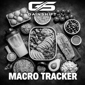 May include: Black and white image of a healthy meal plan with the text "GAINSHIFT" and "MACRO TRACKER". The image includes a variety of foods such as eggs, tomatoes, grains, chicken, avocado, and a protein shake.