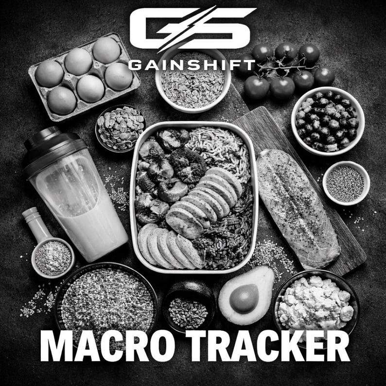 May include: Black and white image of a healthy meal plan with the text "GAINSHIFT" and "MACRO TRACKER". The image includes a variety of foods such as eggs, tomatoes, grains, chicken, avocado, and a protein shake.