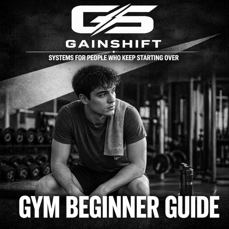 K&ouml;nnte beinhalten: Schwarz-Wei&szlig;-Bild einer Person in einem Fitnessstudio. Die Person tr&auml;gt ein T-Shirt und Shorts, mit einem Handtuch. Der Text "GAINSHIFT" und "GYM BEGINNER GUIDE" sind sichtbar.