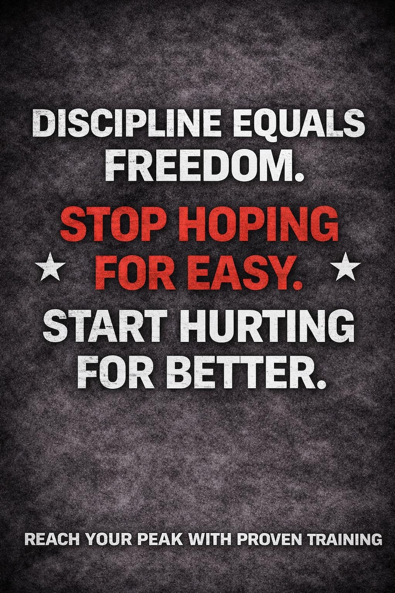 K&ouml;nnte beinhalten: Motivationsposter mit dunklem, strukturiertem Hintergrund. Fettgedruckter wei&szlig;er Text lautet: "DISZIPLIN GLEICHT FREIHEIT". Roter Text lautet: "H&Ouml;REN SIE AUF, AUF EINFACHES ZU HOFFEN". Das Poster enth&auml;lt auch den Text "FANGE AN, F&Uuml;R BESSERES ZU LEIDEN" und "ERREICHEN SIE IHREN H&Ouml;HEPUNKT MIT BEW&Auml;HRTEM TRAINING."