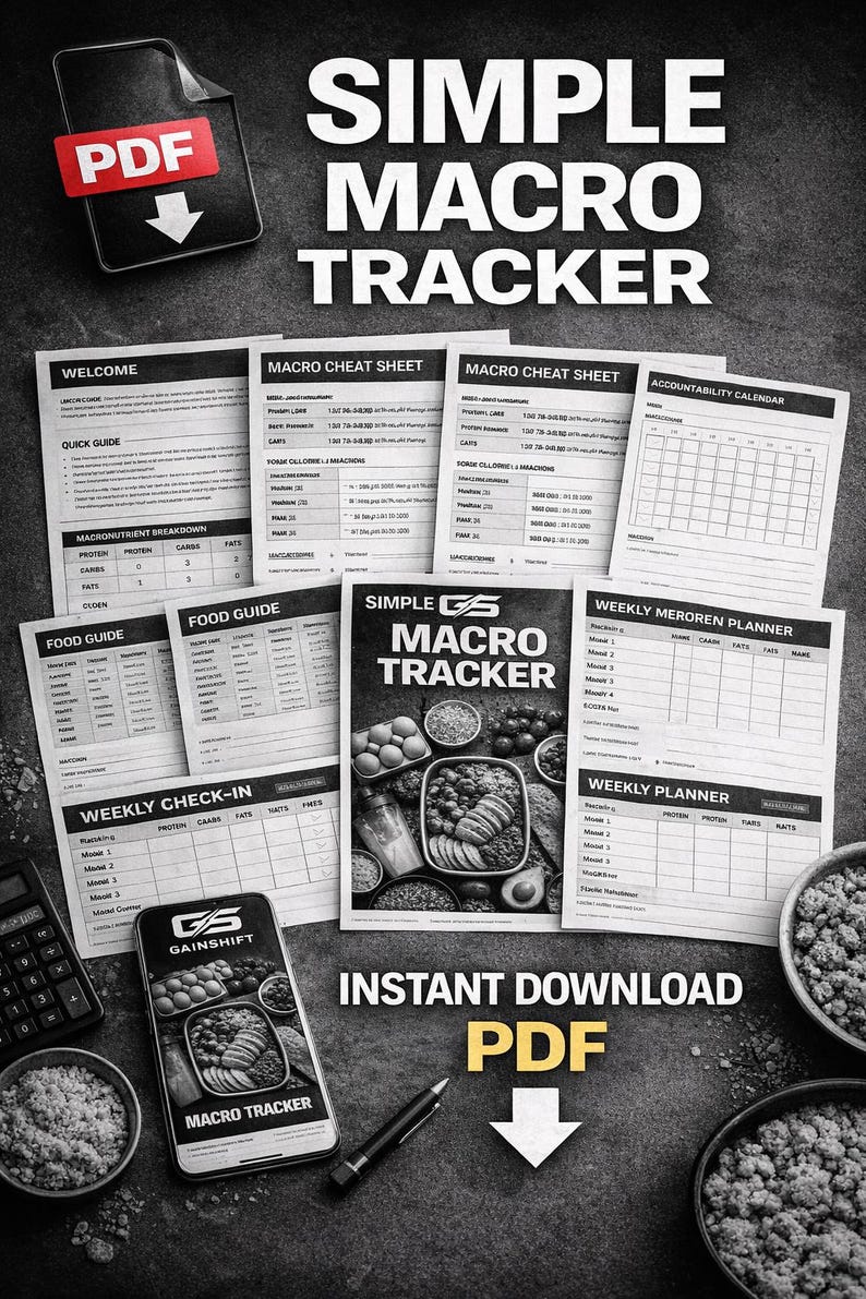 May include: A collection of printed macro tracker sheets, a smartphone displaying a macro tracker app, and bowls of food. The words "SIMPLE MACRO TRACKER" are prominently displayed. The image also includes the text "INSTANT DOWNLOAD PDF".