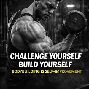 May include: Black and white image of a bodybuilder lifting a dumbbell. The image includes the text "CHALLENGE YOURSELF BUILD YOURSELF BODYBUILDING IS SELF-IMPROVEMENT" and the Gainshift logo.