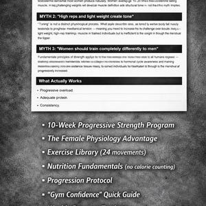 May include: A black and white document titled "The Trrutth About Training for Women." It details myths and facts about women's fitness, including a 10-Week Progressive Strength Programme and exercise library.