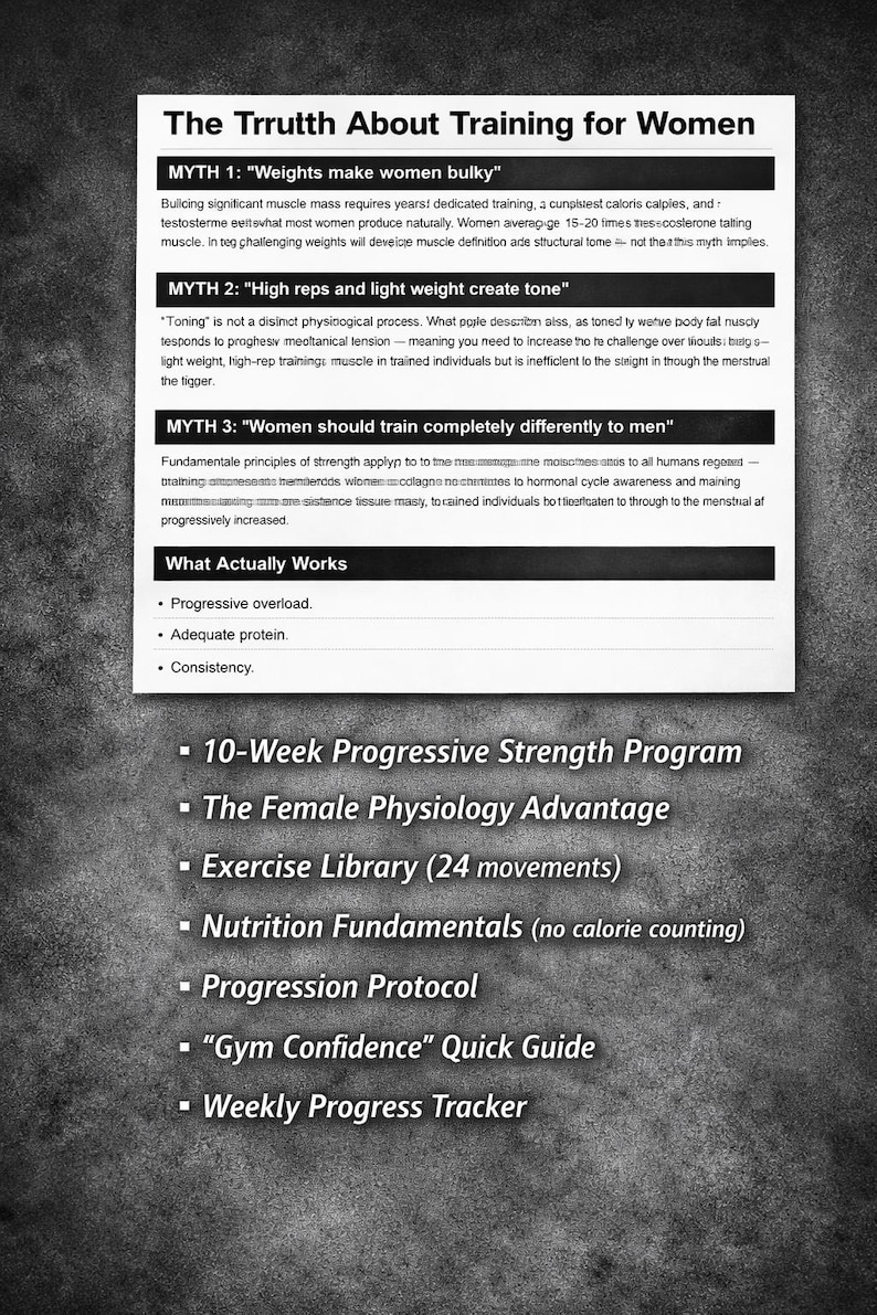 May include: A black and white document titled "The Trrutth About Training for Women." It details myths and facts about women's fitness, including a 10-Week Progressive Strength Programme and exercise library.