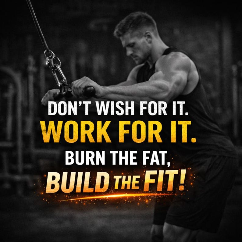 May include: Motivational fitness graphic with a man working out. The image features the text "DON'T WISH FOR IT. WORK FOR IT. BURN THE FAT, BUILD THE FIT!" in yellow and orange against a dark background, promoting a workout lifestyle.