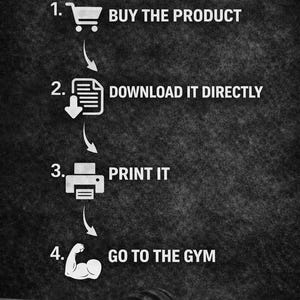 Peut inclure: Graphique en noir et blanc expliquant les &eacute;tapes : acheter le produit, le t&eacute;l&eacute;charger directement, l'imprimer et aller &agrave; la salle de sport. L'image comprend un panier, un document, une imprimante et un bras muscl&eacute;. Un halt&egrave;re et des papiers sont au premier plan.