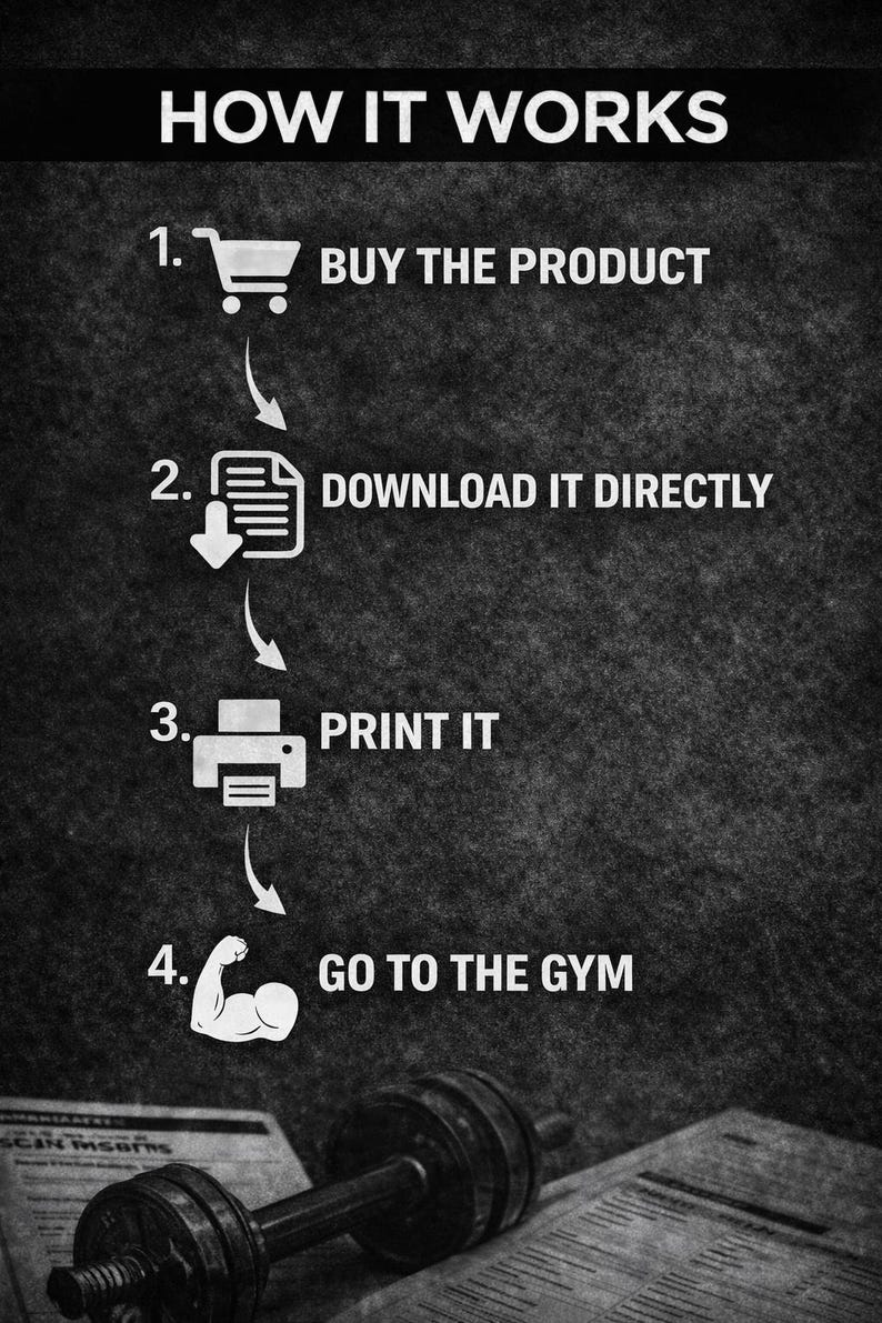 Peut inclure: Graphique en noir et blanc expliquant les &eacute;tapes : acheter le produit, le t&eacute;l&eacute;charger directement, l'imprimer et aller &agrave; la salle de sport. L'image comprend un panier, un document, une imprimante et un bras muscl&eacute;. Un halt&egrave;re et des papiers sont au premier plan.