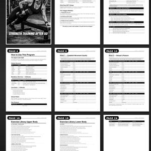 Może przedstawiać: Cyfrowy dokument zatytułowany &bdquo;WHAT'S INSIDE&rdquo; ze zrzutami ekranu z pliku PDF &bdquo;Strength Training After 50&rdquo;. Dokument zawiera strony dotyczące zasad treningu, bibliotek ćwiczeń i tygodniowych plan&oacute;w treningowych.