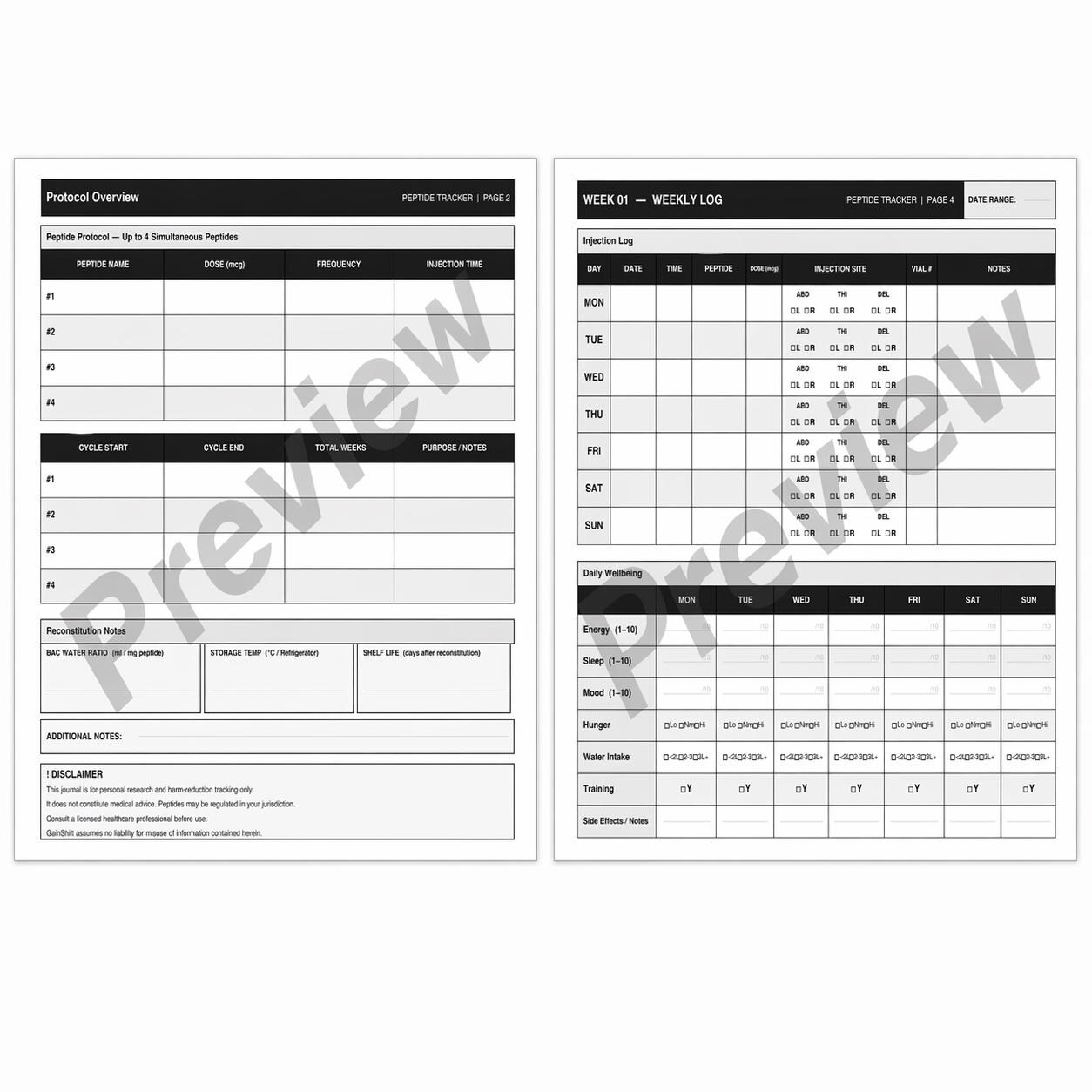 Peptide Injection Log Peptide Tracker PDF | Protocol Log & Cycle Journal | Injection Log ...