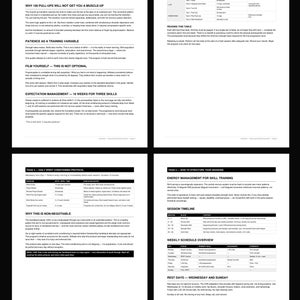 May include: A black and white document with text and tables detailing athletic training programs. The pages cover topics like strength vs. skill, prerequisites, wrist conditioning, and session structure. The document is designed for advanced athletes.
