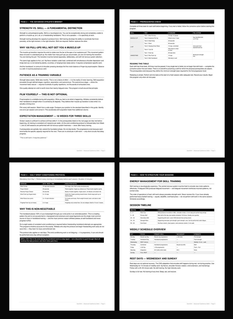 May include: A black and white document with text and tables detailing athletic training programs. The pages cover topics like strength vs. skill, prerequisites, wrist conditioning, and session structure. The document is designed for advanced athletes.