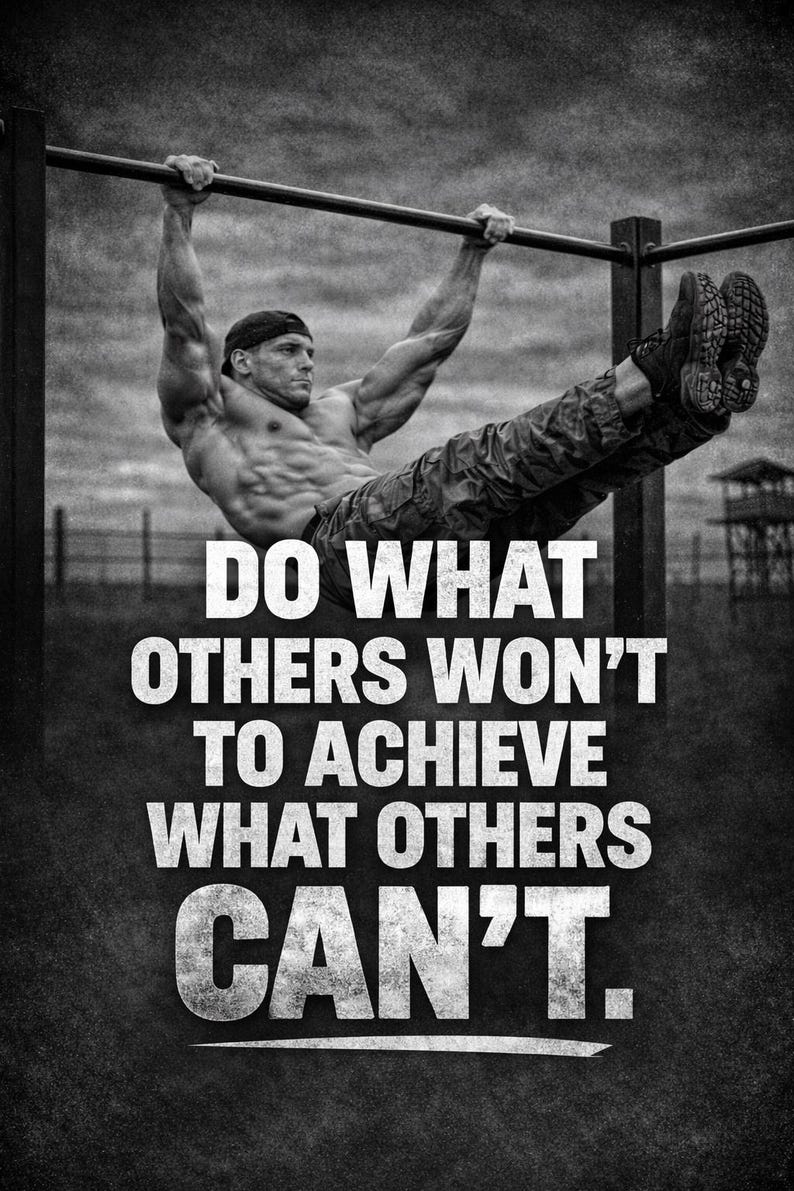 May include: Black and white image of a muscular person doing a pull-up on a bar. The person is wearing a cap and camouflage pants. The image has the text: "DO WHAT OTHERS WON'T TO ACHIEVE WHAT OTHERS CAN'T."