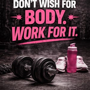 May include: Motivational fitness poster with the text "DON'T WISH FOR BODY. WORK FOR IT." in white and pink. The image includes a dumbbell, pink water bottle, and a pair of sneakers, all set against a dark, textured background.