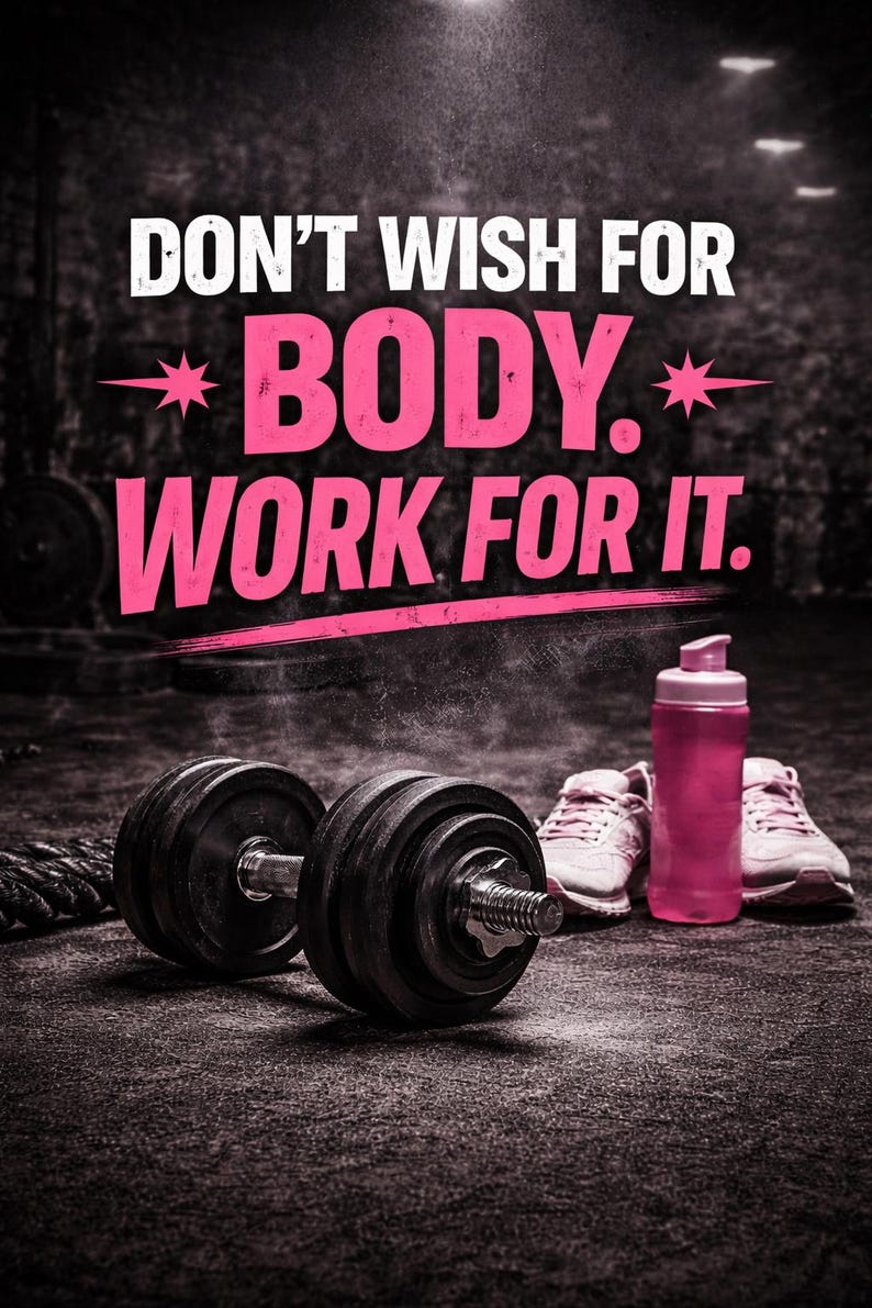 May include: Motivational fitness poster with the text "DON'T WISH FOR BODY. WORK FOR IT." in white and pink. The image includes a dumbbell, pink water bottle, and a pair of sneakers, all set against a dark, textured background.