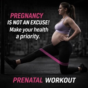 Puede incluir: Una persona embarazada hace ejercicio con una banda de resistencia, vestida con ropa deportiva. La imagen incluye el texto "PREGNANCY IS NOT AN EXCUSE! Make your health a priority. PRENATAL WORKOUT."
