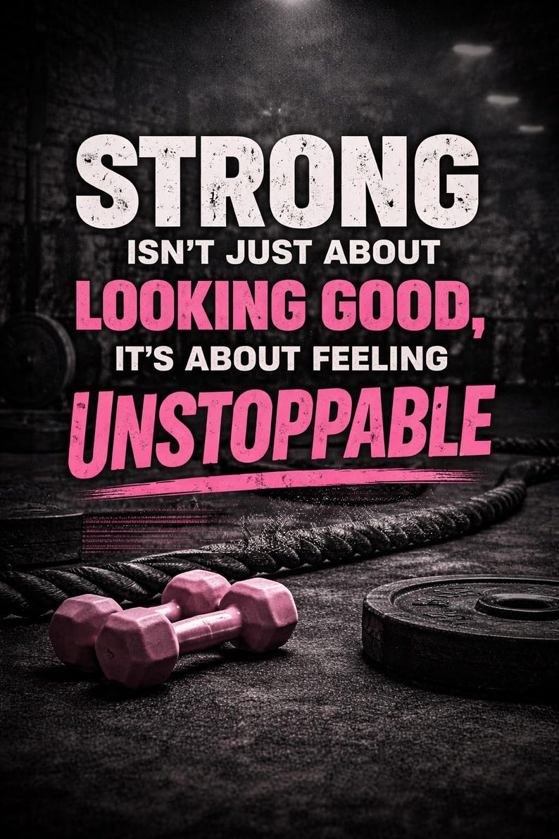May include: Motivational poster with the word "STRONG" in large white letters. The text continues with "ISN'T JUST ABOUT LOOKING GOOD, IT'S ABOUT FEELING UNSTOPPABLE" in pink. Pink dumbbells and a weight plate are in the foreground.