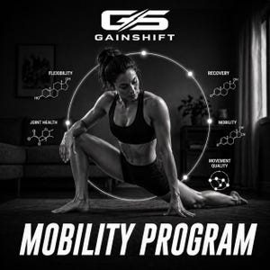 Peut inclure: Une femme en tenue de sport noire s'étire sur un sol sombre. L'image présente le texte "GAINSHIFT" et "MOBILITY PROGRAM". Des schémas et des étiquettes pour la flexibilité, la santé des articulations, la récupération, la mobilité et la qualité du mouvement sont également présents.